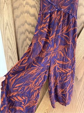 Patrons of Peace Wideleg Jumpsuit, rust orange and purple tropical foliage, S